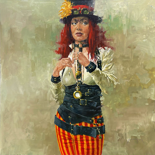 Paul Hooker nz steampunk artwork, playing with time, oil on canvas